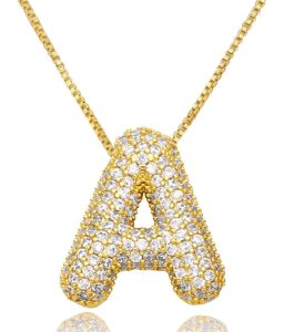 18K Bubble Letter Necklace Gold for Women, Initial Necklaces Rhinestone Chunky Bubble Letter Necklace as Birthday Gifts Charm Puff Name Pendant Alphabet Necklaces Non Tarnish Gold Plated Jewelry