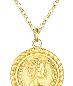 Coin Necklace 18k Gold Plated Vintage Textured Medallion Coin Pendant Round Circle Disk Dainty Necklace for Women